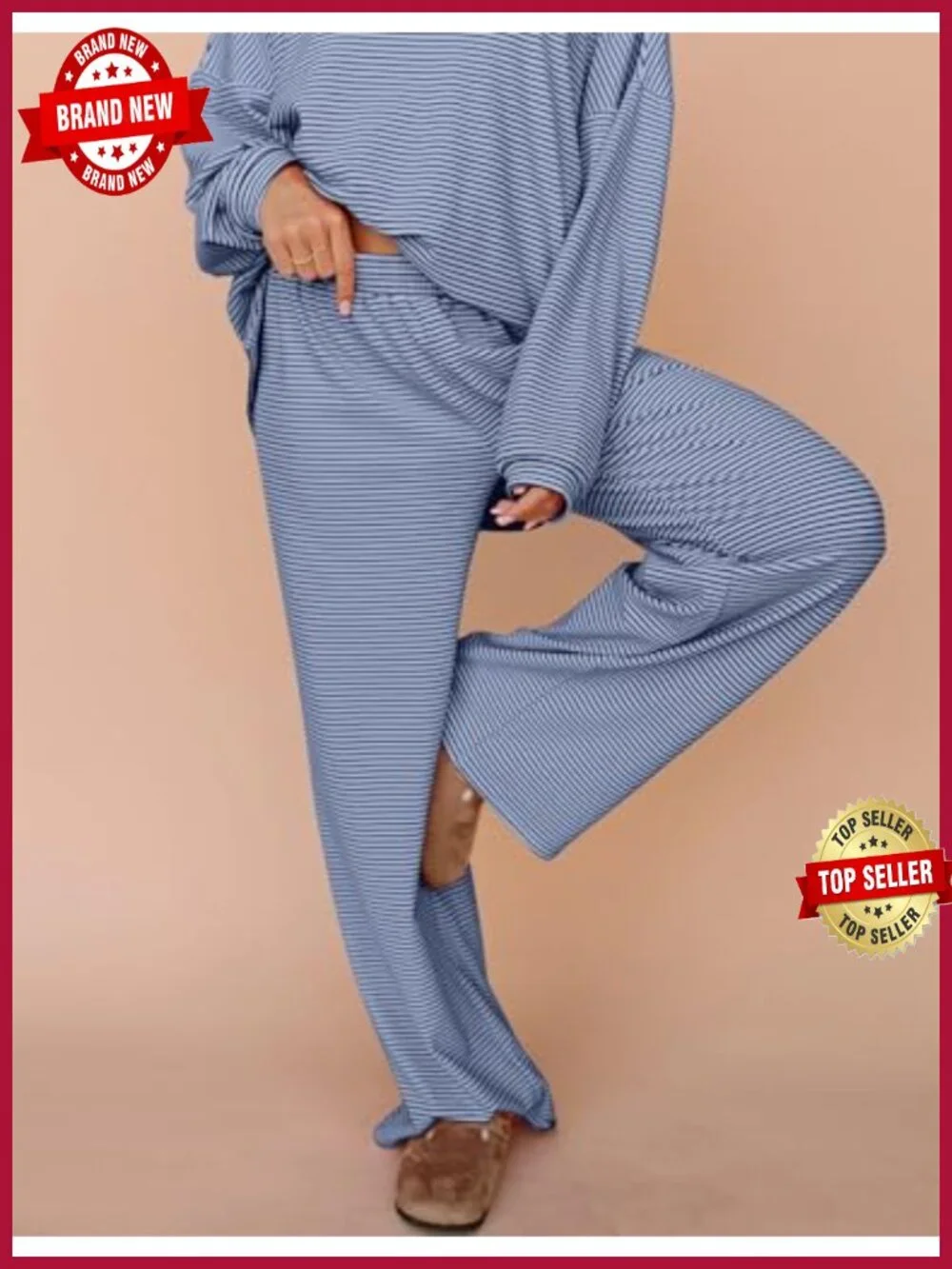 Women's 2 Piece Lounge Set Long Sleeve Striped Top Wide Leg Pants Cotton